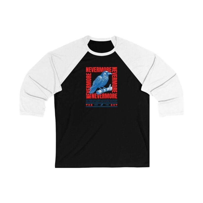 THE RAVEN NEVERMORE POETRY LOVER BIRD Unisex 3/4 Sleeve Baseball Tee - Unseen Graphic Shirt for Casual Style $24.13
