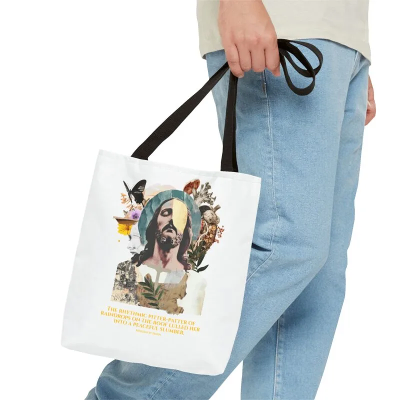 THE RHYTHMIC OF RAINDROPS Artistic Jesus Tote Bag - Inspirational Design for Everyday Use $13.86