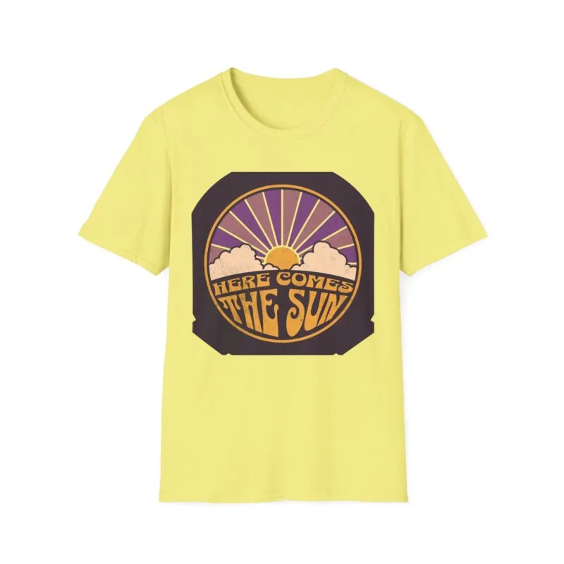 Here Comes The Sun - Unisex Softstyle T-Shirt with Retro Sun Design, Perfect for Summer Days, Gifts for Music Lovers, Great for Festivals, Casual Wear $17.88